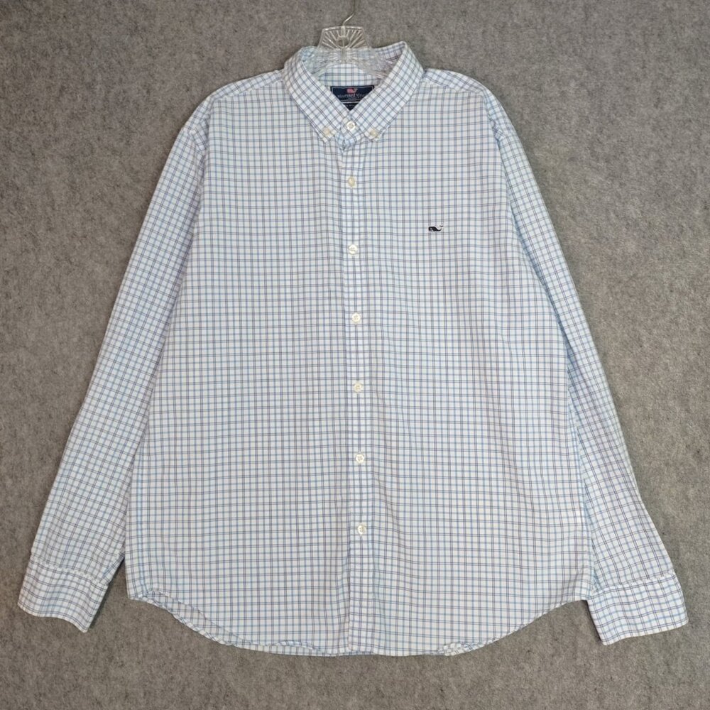 Vineyard Vines Men's Shirt Blue White Sz XL Cotton Plaid Whale Slim Fit Casual